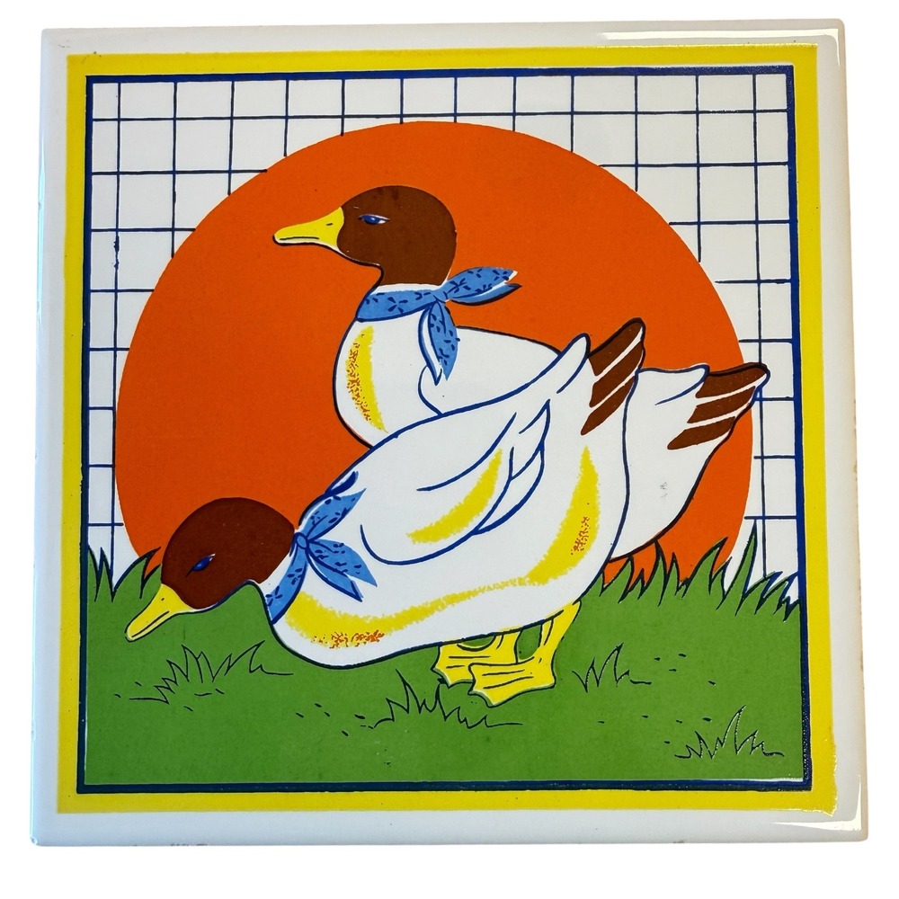 Vintage Orient Ceramic Tile Trivet Geese Duck Blue Ribbon 6x6 Rubber Feet Taiwan